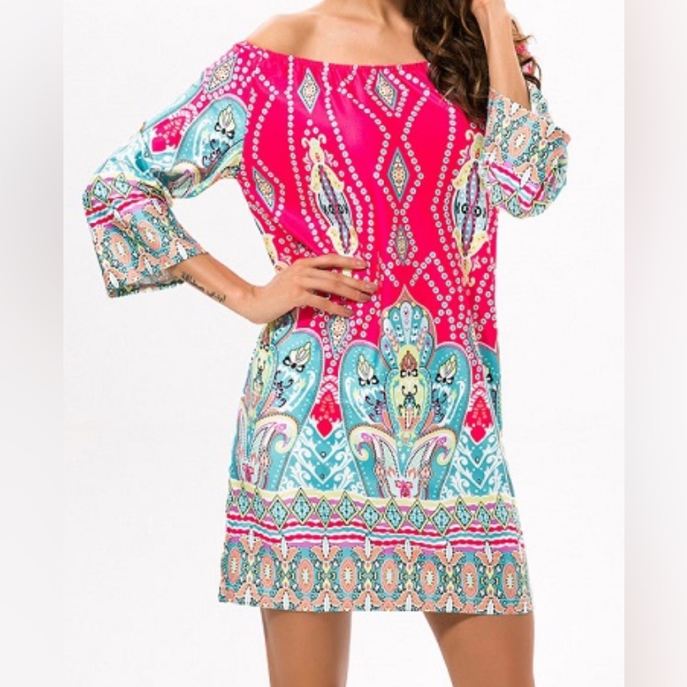 Off the Shoulder Boho Dress M Pink Patterned Colorful Bell Sleeve Casual Western